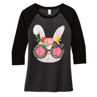 Cute Bunny Face Leopard Glasses Easter for Wo Teen Girl Women's Tri-Blend 3/4-Sleeve Raglan Shirt