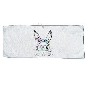 Cute Bunny Face Wink Eyes Glasses Headband Happy Easter Day Large Microfiber Waffle Golf Towel