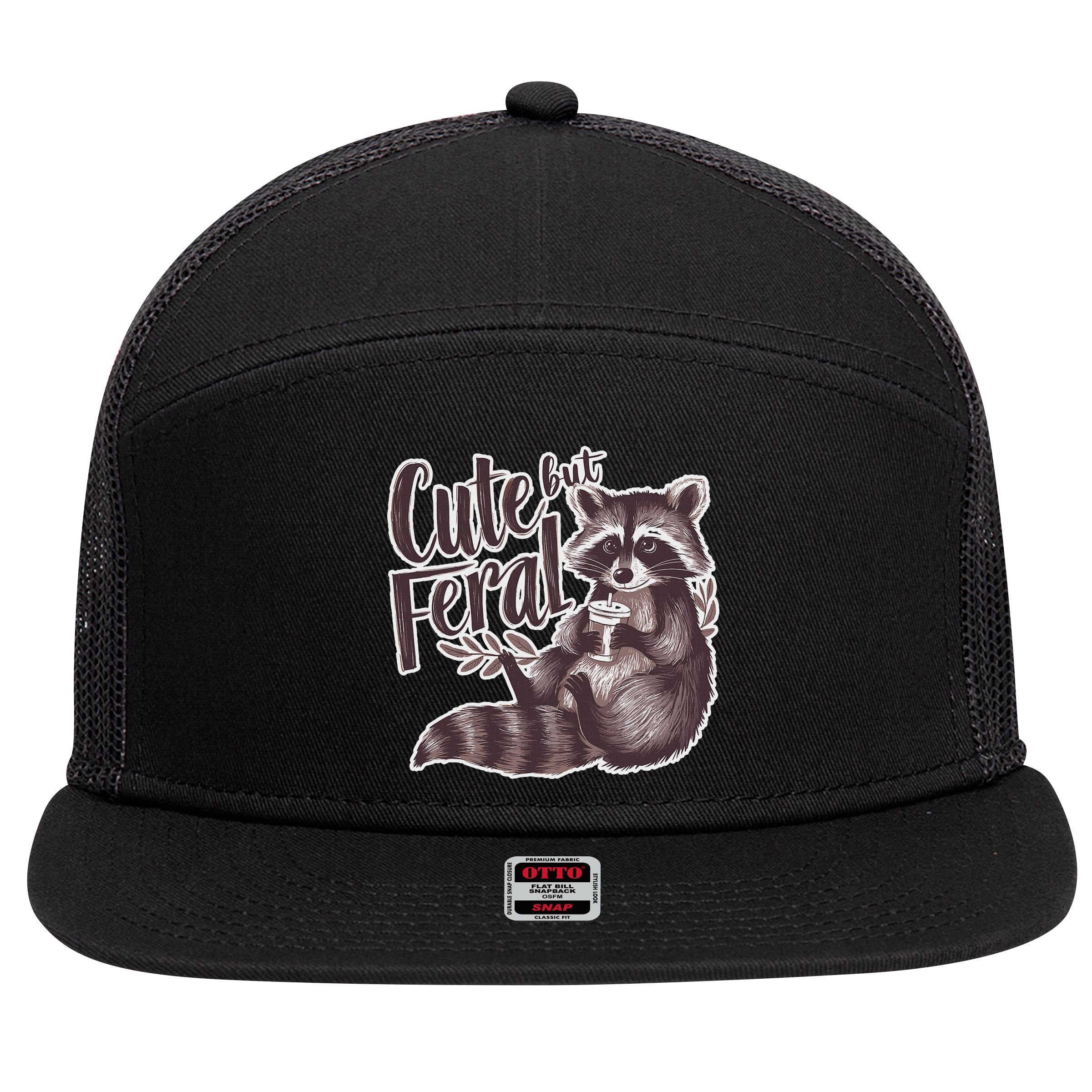 Cute But Feral Funny Raccoon Memes Coffee Raccoon Opossum 7 Panel Mesh Trucker Snapback Hat
