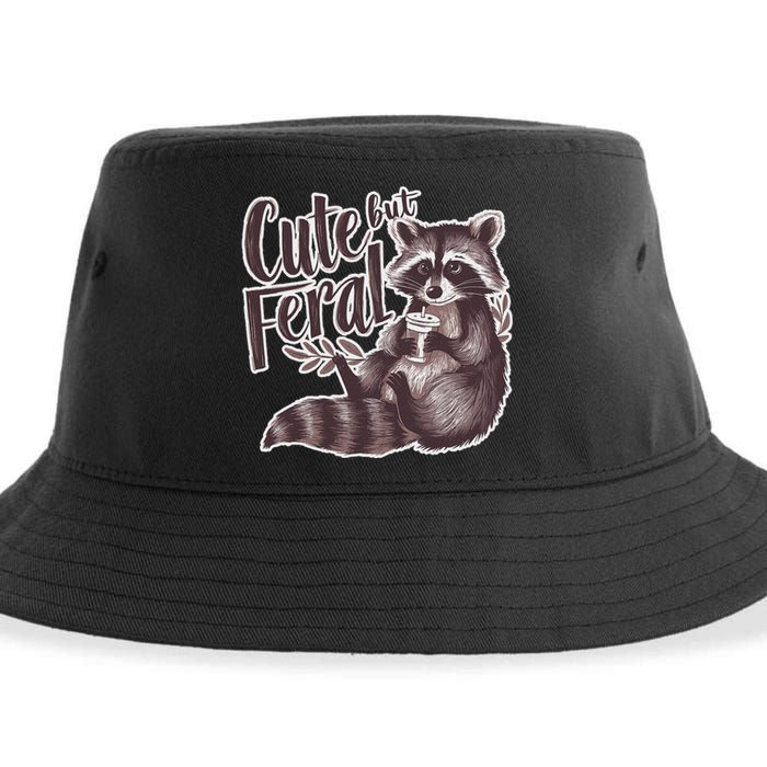 Cute But Feral Funny Raccoon Memes Coffee Raccoon Opossum Sustainable Bucket Hat