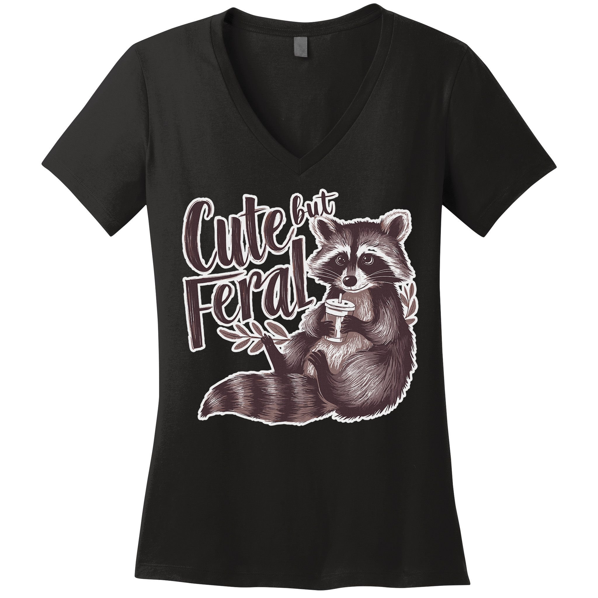 Cute But Feral Funny Raccoon Memes Coffee Raccoon Opossum Women's V-Neck T-Shirt