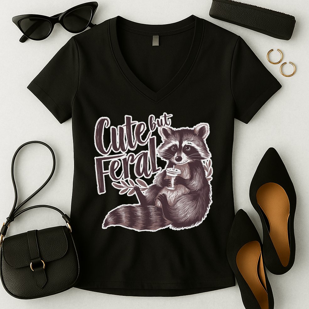 Cute But Feral Funny Raccoon Memes Coffee Raccoon Opossum Women's V-Neck T-Shirt