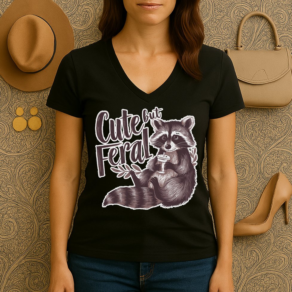 Cute But Feral Funny Raccoon Memes Coffee Raccoon Opossum Women's V-Neck T-Shirt