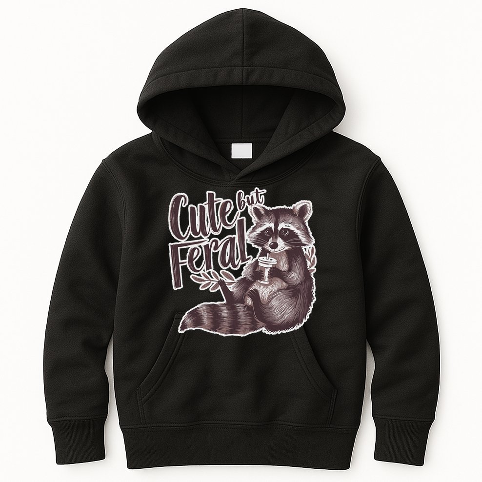 Cute But Feral Funny Raccoon Memes Coffee Raccoon Opossum Kids Hoodie