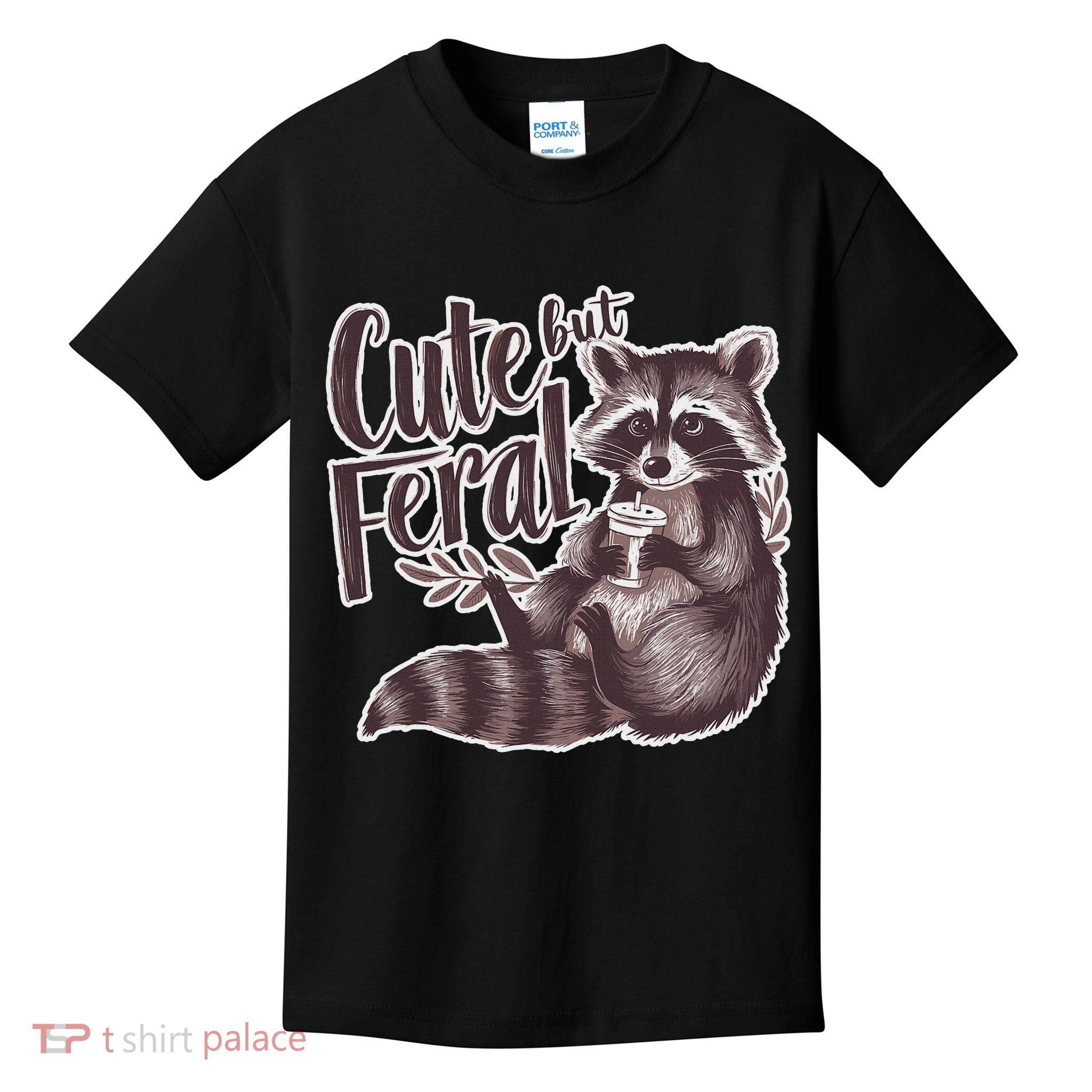 Cute But Feral Funny Raccoon Memes Coffee Raccoon Opossum Kids T-Shirt