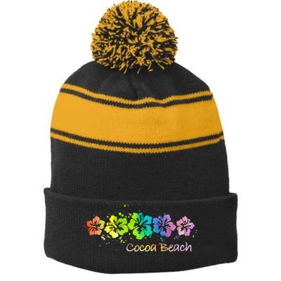 Cocoa Beach, Florida Watercolor Beach & Surf Stripe Pom Pom Beanie