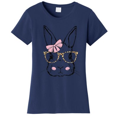 Cute Bunny Face Leopard Print Glasses Pink Bow EASTER Day Women's T-Shirt