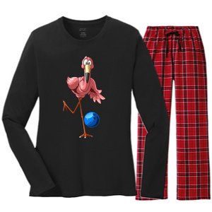 Cool Bowling Flamingo  Funny Shorebirds Lover Player Gift Women's Long Sleeve Flannel Pajama Set 