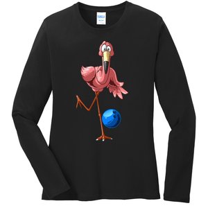 Cool Bowling Flamingo  Funny Shorebirds Lover Player Gift Ladies Long Sleeve Shirt