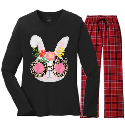 Cute Bunny Face Leopard Glasses Easter Women's Long Sleeve Flannel Pajama Set 