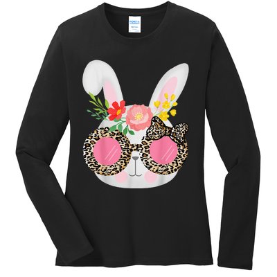 Cute Bunny Face Leopard Glasses Easter Ladies Long Sleeve Shirt