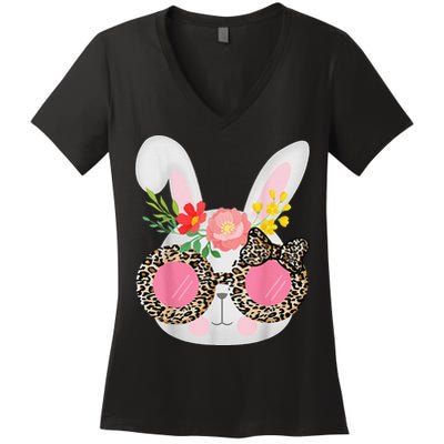 Cute Bunny Face Leopard Glasses Easter Women's V-Neck T-Shirt