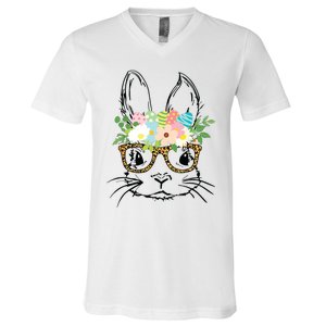 Cute Bunny Face With Leopard Glasses Women Easter V-Neck T-Shirt