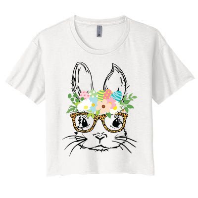 Cute Bunny Face With Leopard Glasses Women Easter Women's Crop Top Tee