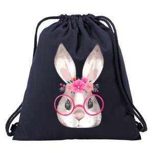 Cute Bunny Face Glasses Floral Rabbit Happy Easter Day Drawstring Bag