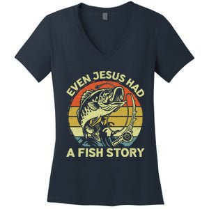 Christian Bass Fishing Even Jesus Had Fish Story Funny Dad Women's V-Neck T-Shirt