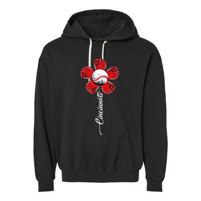 Cincinnati Baseball Flower Vintage Baseball Fans Garment-Dyed Fleece Hoodie