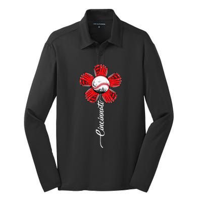 Cincinnati Baseball Flower Vintage Baseball Fans Silk Touch Performance Long Sleeve Polo