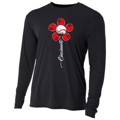 Cincinnati Baseball Flower Vintage Baseball Fans Cooling Performance Long Sleeve Crew