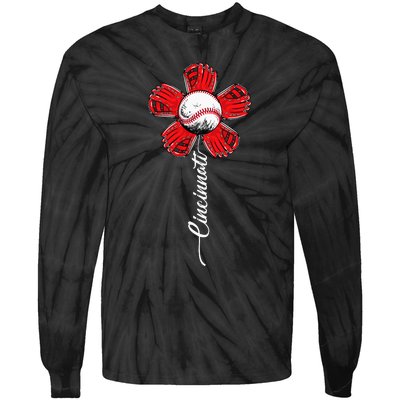 Cincinnati Baseball Flower Vintage Baseball Fans Tie-Dye Long Sleeve Shirt