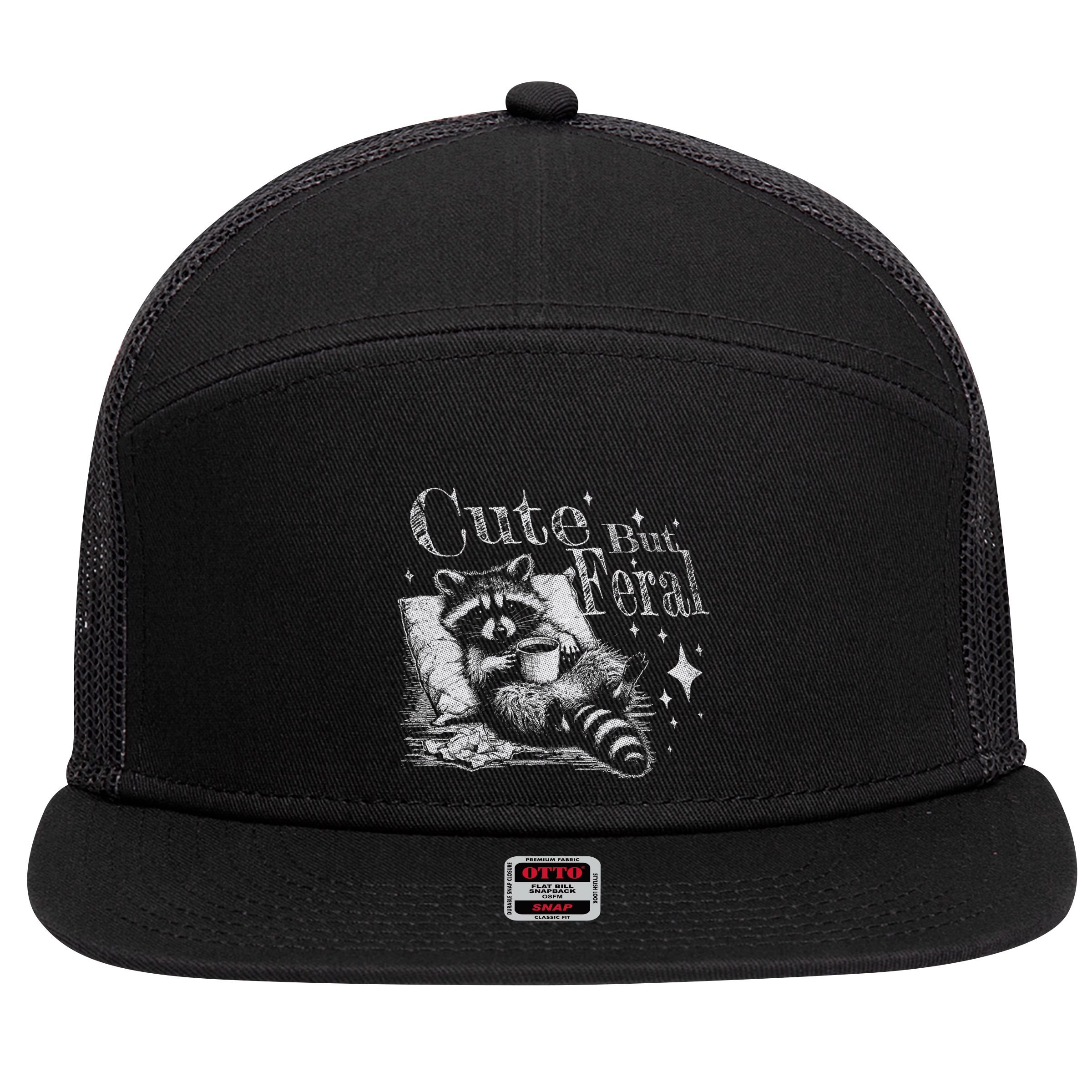 Cute But Feral Funny Raccoon Meme Love Coffee Gift 7 Panel Mesh Trucker Snapback Hat