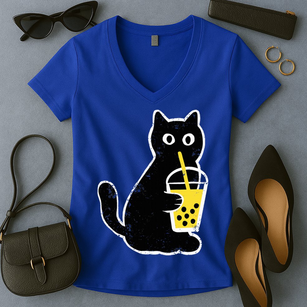 Cat Boba Funny Anime Japanese Women's V-Neck T-Shirt