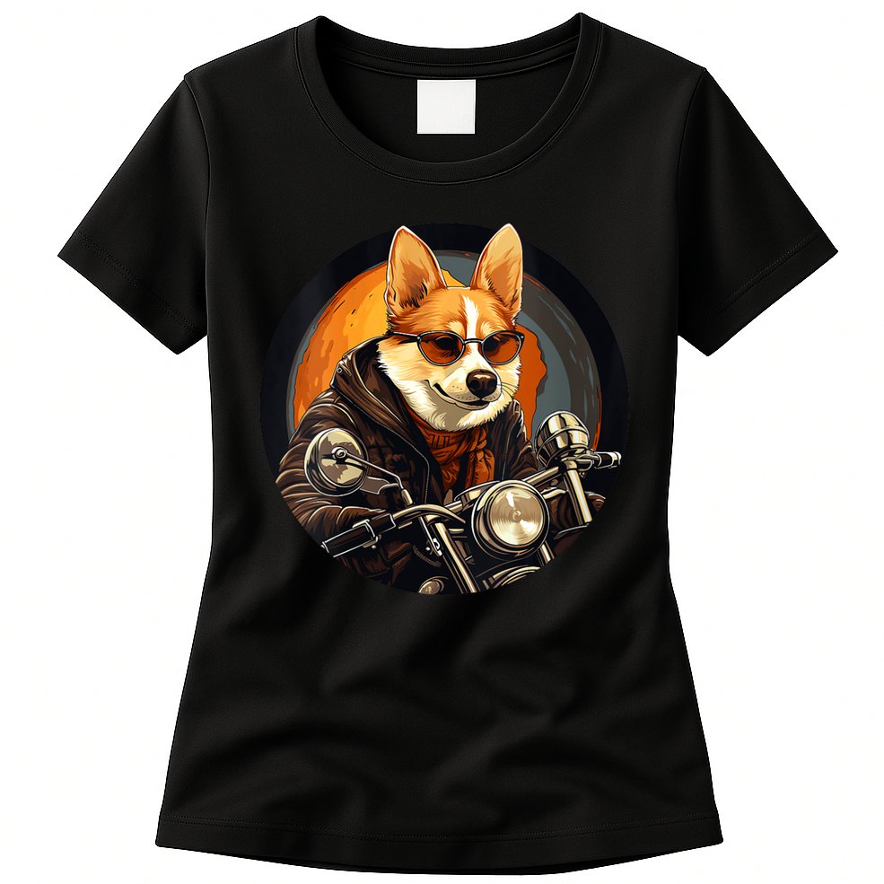 Corgi Biker Funny Dog Motorcycle VNeck Womens T-Shirt