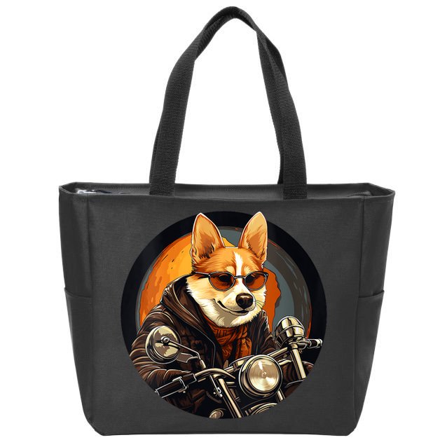 Corgi Biker Funny Dog Motorcycle VNeck Zip Tote Bag