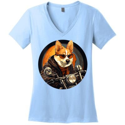 Corgi Biker Funny Dog Motorcycle VNeck Women's V-Neck T-Shirt