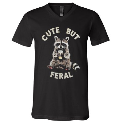 Cute But Feral Funny Sarcastic Raccoon Gift V-Neck T-Shirt