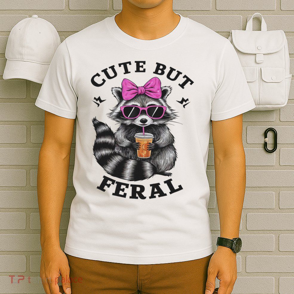 Cute But Feral Funny Colorful Racoon With Sunglasses Racoon T-Shirt