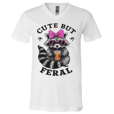 Cute But Feral Funny Colorful Racoon With Sunglasses Racoon V-Neck T-Shirt