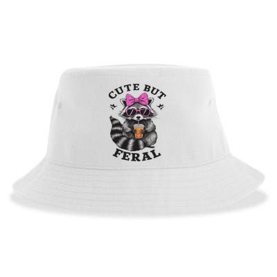 Cute But Feral Funny Colorful Racoon With Sunglasses Racoon Sustainable Bucket Hat