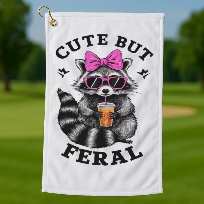 Cute But Feral Funny Colorful Racoon With Sunglasses Racoon Golf Towel