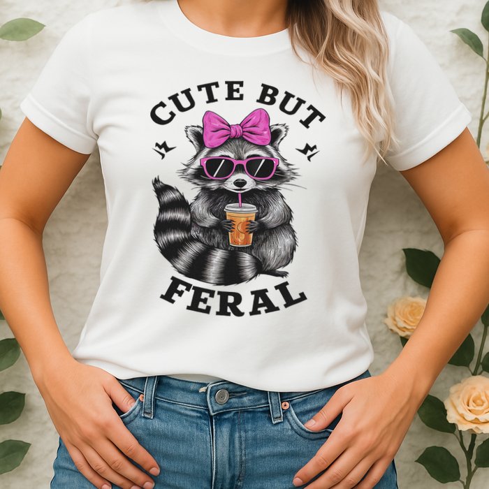 Cute But Feral Funny Colorful Racoon With Sunglasses Racoon Womens T-Shirt