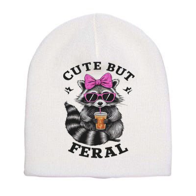 Cute But Feral Funny Colorful Racoon With Sunglasses Racoon Short Acrylic Beanie