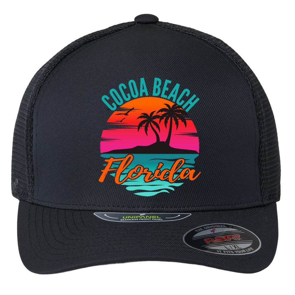 Cocoa Beach Florida Palm Tree Island Pink Sunset Flexfit Unipanel Trucker Cap