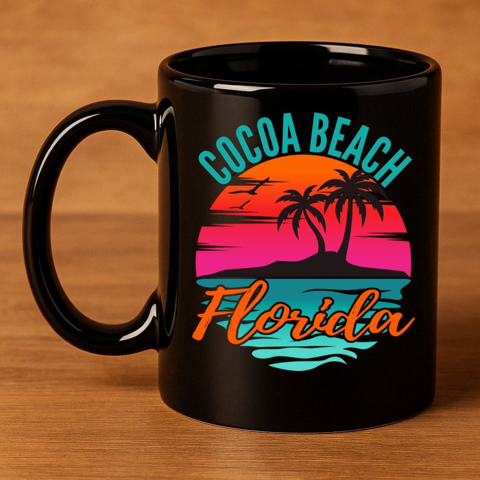 Cocoa Beach Florida Palm Tree Island Pink Sunset 11oz C Handle Ceramic Mug