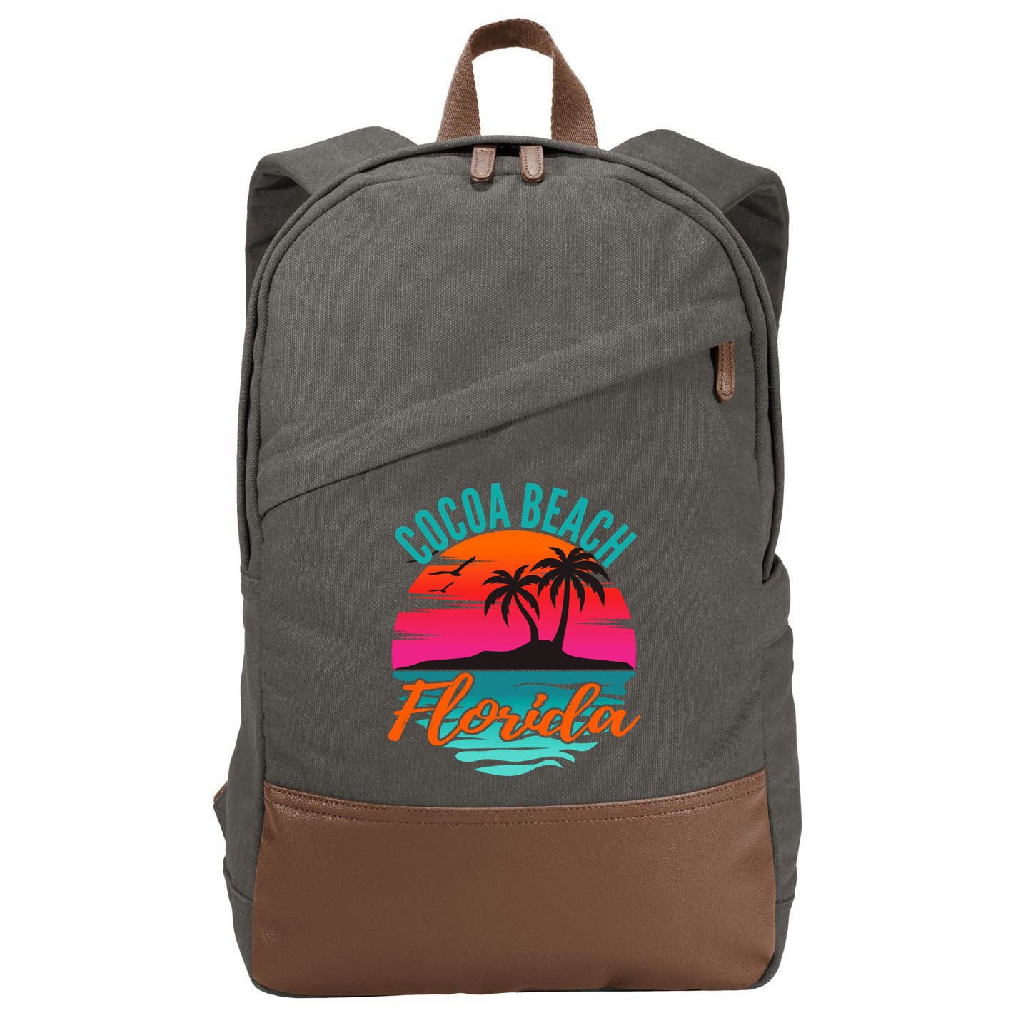 Cocoa Beach Florida Palm Tree Island Pink Sunset Cotton Canvas Backpack