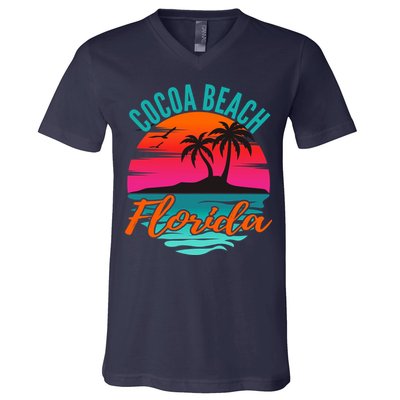 Cocoa Beach Florida Palm Tree Island Pink Sunset V-Neck T-Shirt