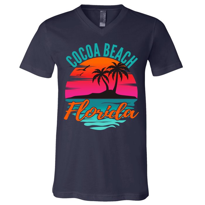 Cocoa Beach Florida Palm Tree Island Pink Sunset V-Neck T-Shirt