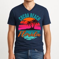 Cocoa Beach Florida Palm Tree Island Pink Sunset V-Neck T-Shirt