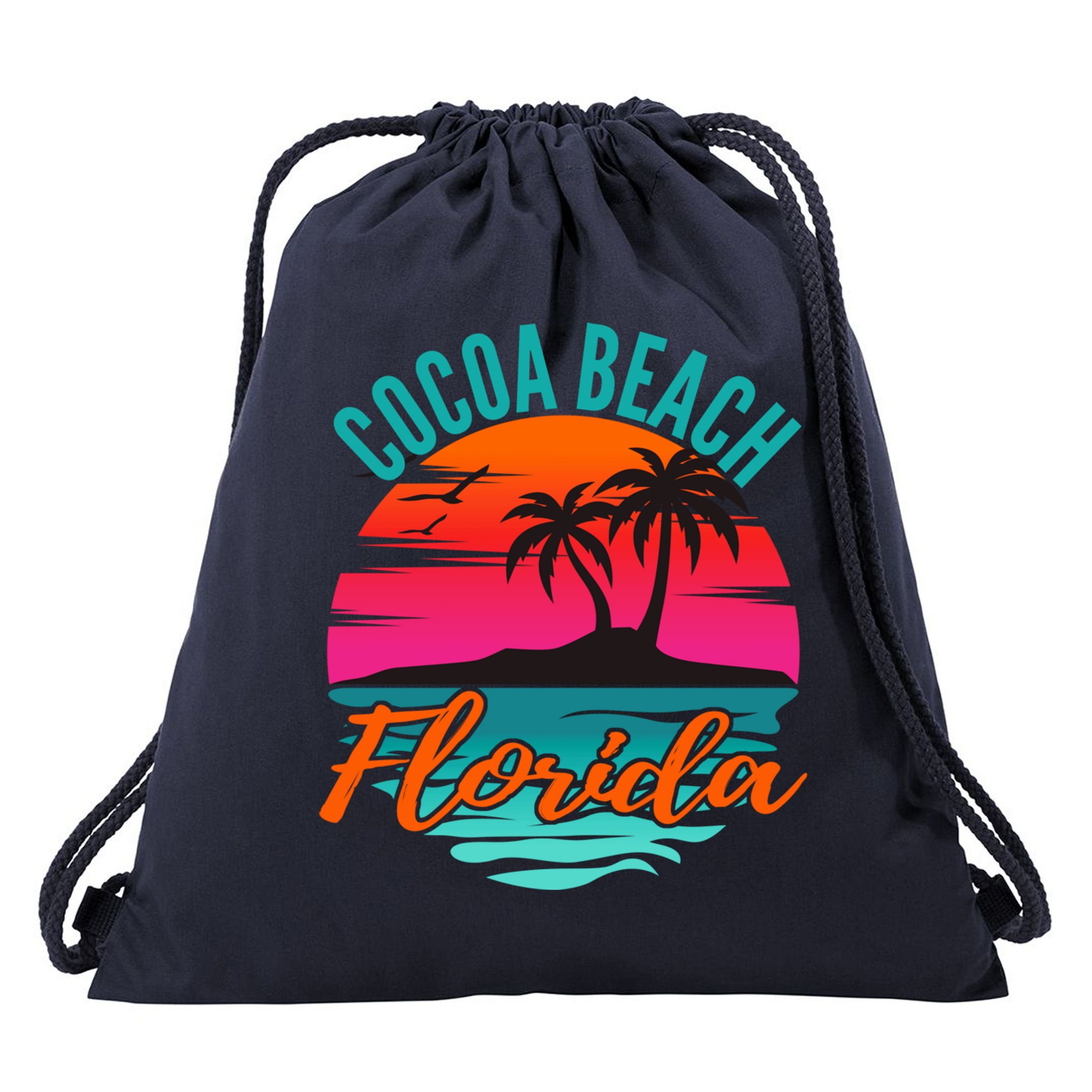 Cocoa Beach Florida Palm Tree Island Pink Sunset Drawstring Bag