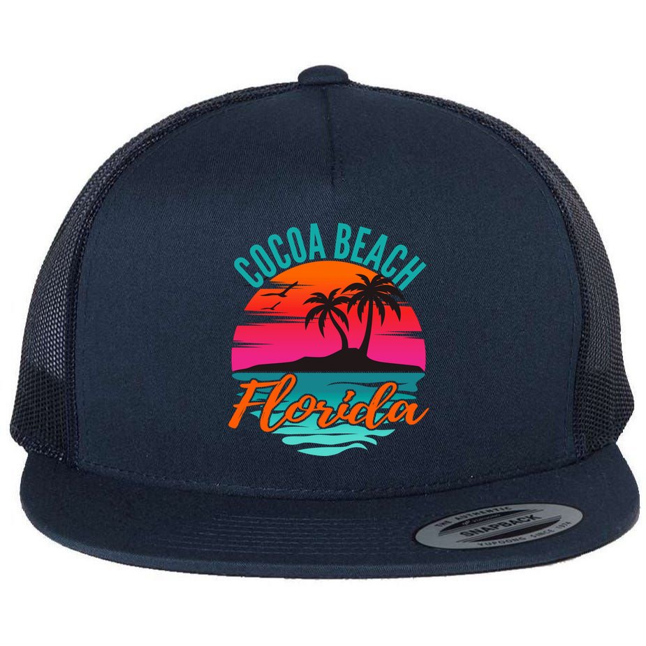 Cocoa Beach Florida Palm Tree Island Pink Sunset Flat Bill Trucker Hat