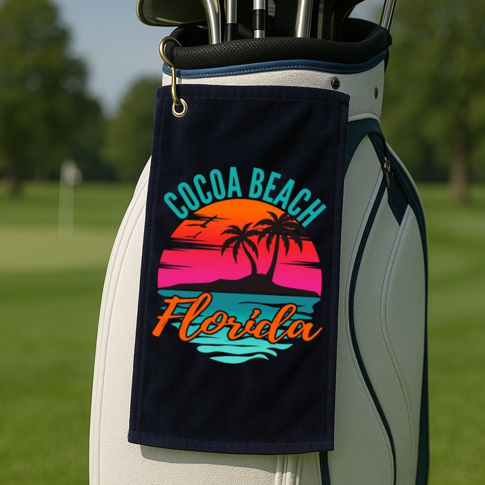 Cocoa Beach Florida Palm Tree Island Pink Sunset Golf Towel