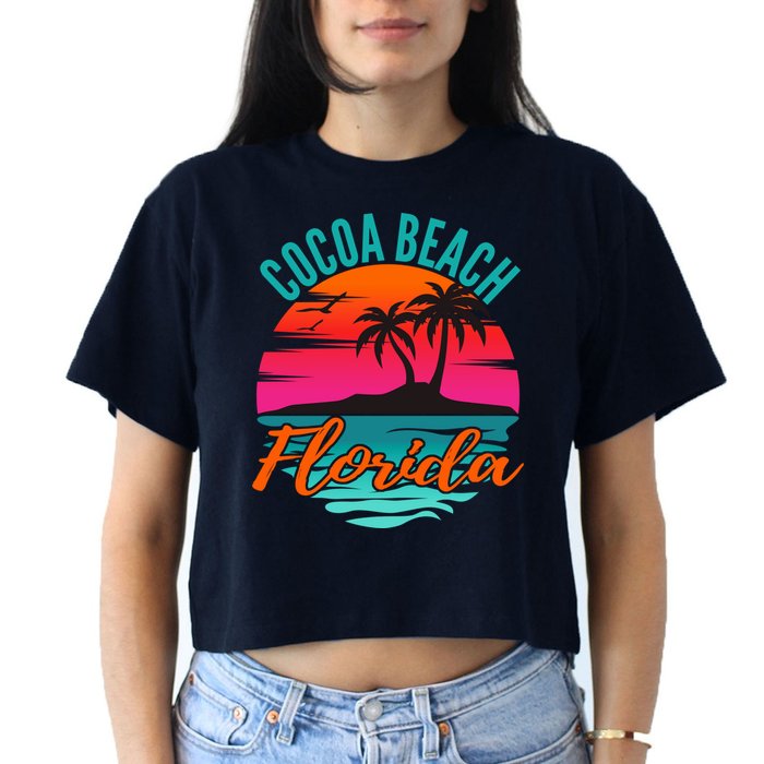 Cocoa Beach Florida Palm Tree Island Pink Sunset Women's Crop Top Tee