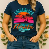 Cocoa Beach Florida Palm Tree Island Pink Sunset Womens T-Shirt