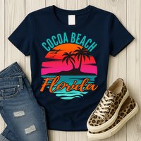 Cocoa Beach Florida Palm Tree Island Pink Sunset Womens T-Shirt