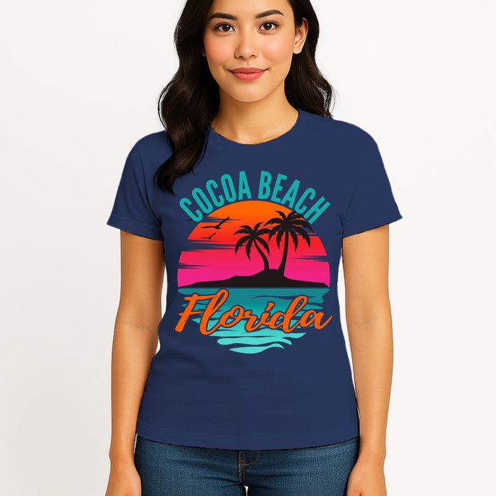 Cocoa Beach Florida Palm Tree Island Pink Sunset Womens T-Shirt