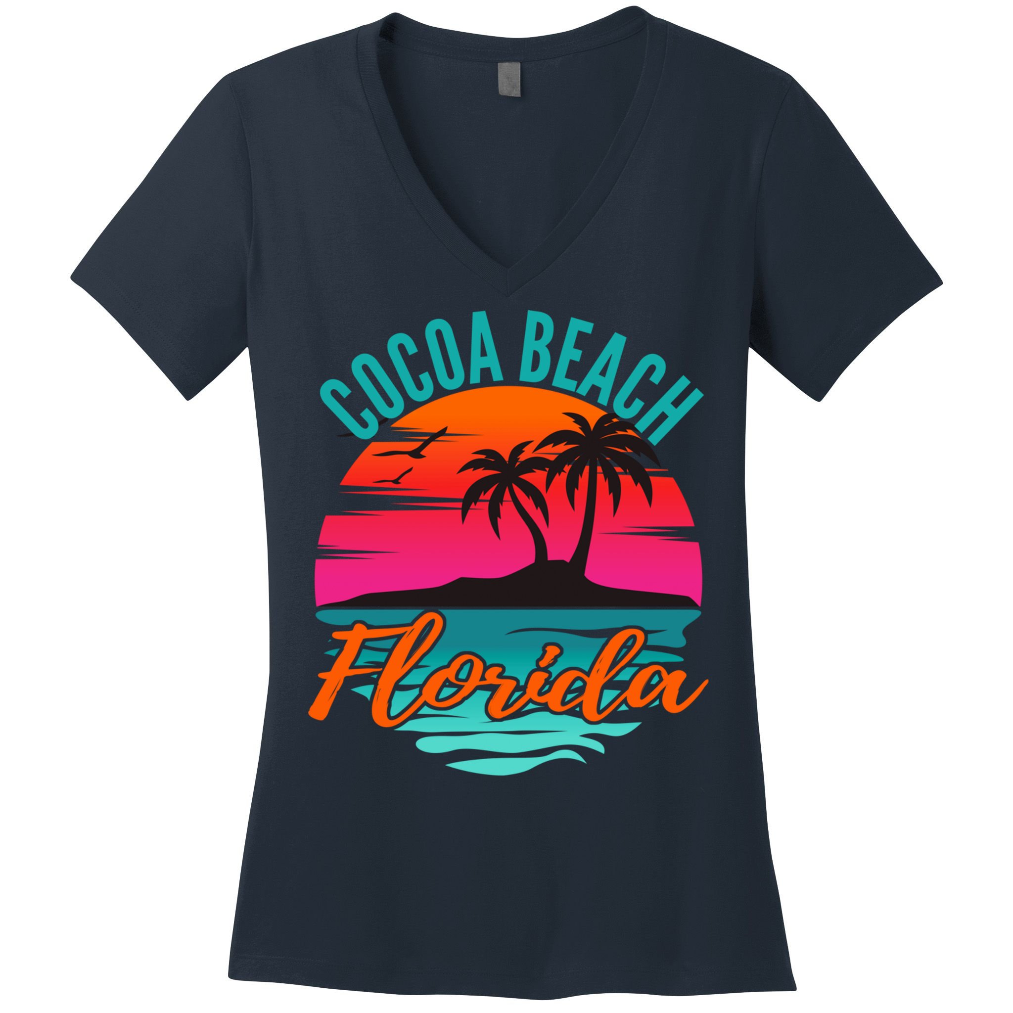 Cocoa Beach Florida Palm Tree Island Pink Sunset Women's V-Neck T-Shirt